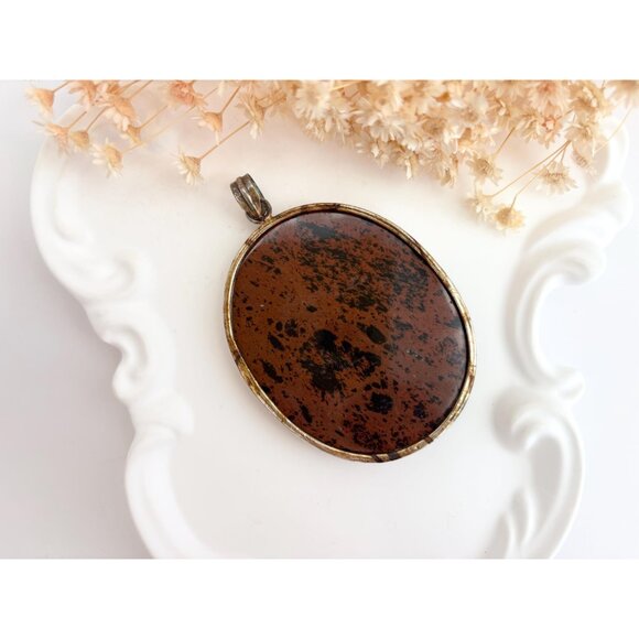 Mahogany Obsidian Oval Crystal Shaped Large Silver Toned Vintage Pendant - Picture 3 of 12